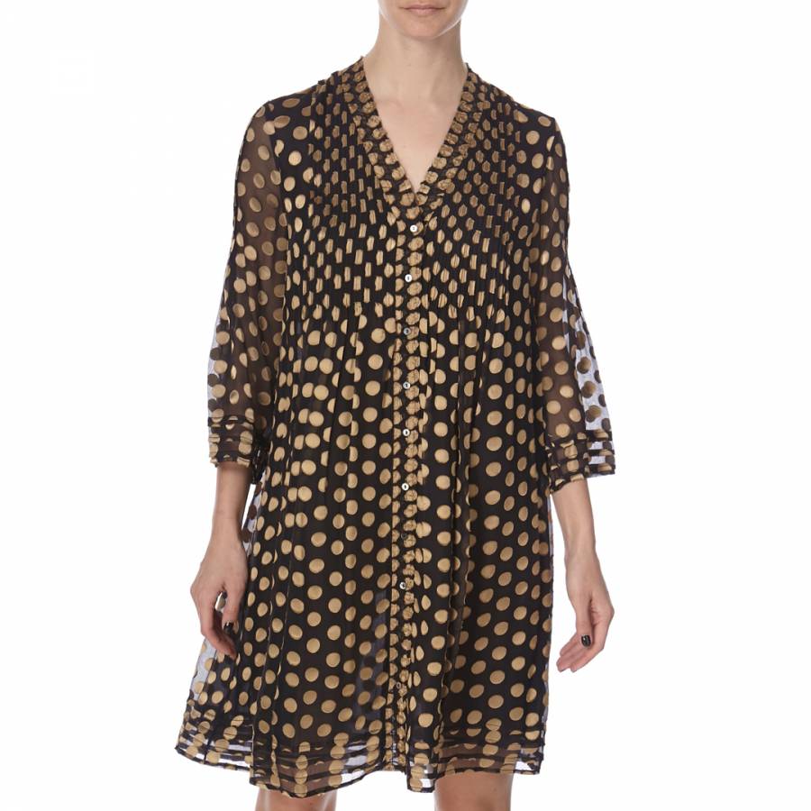 Diane von Furstenberg Black Silk Blend Gold Polka Dot Dress