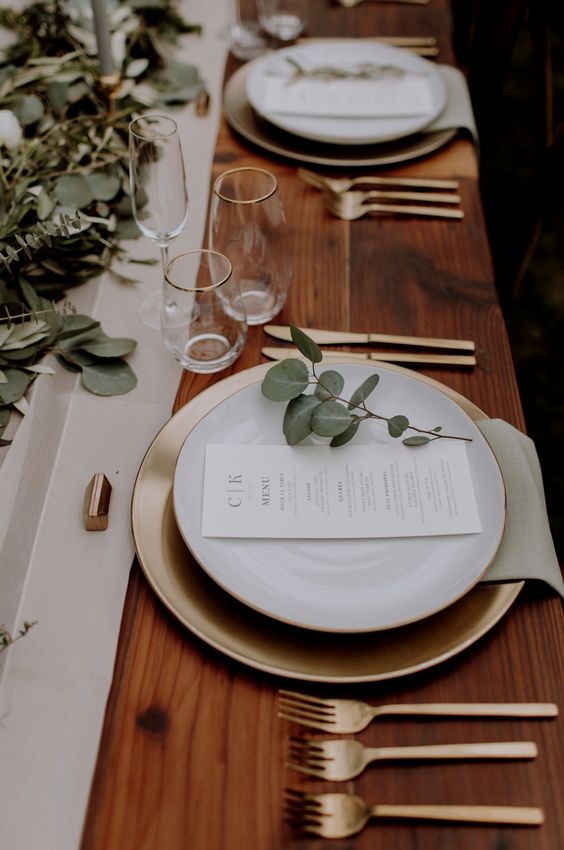 white and gold tableware, dinner party