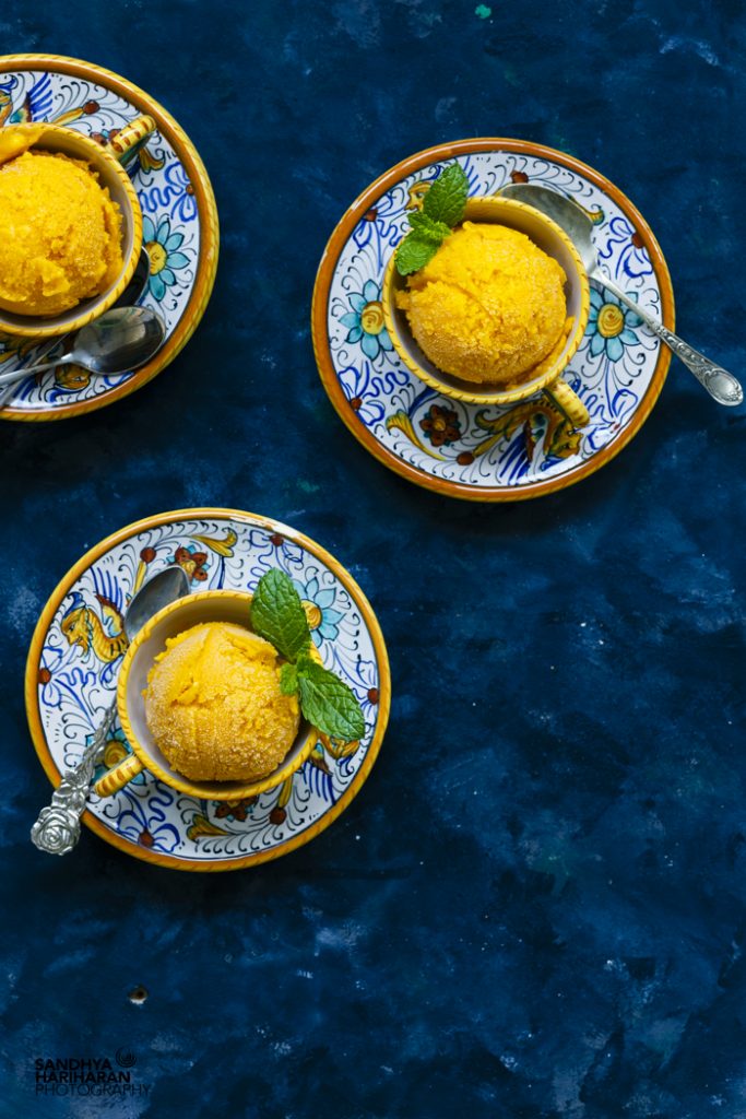 Homemade Mango Sorbet with Mint Leaves