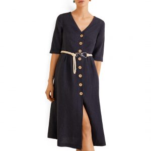 MANGO Black Buttoned Linen-Blend Dress