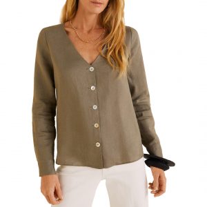 MANGO Khaki Button Linen-Blend Blouse