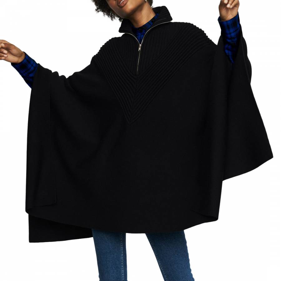 Maje Black 3/4 Zipped Wool Blend Cape