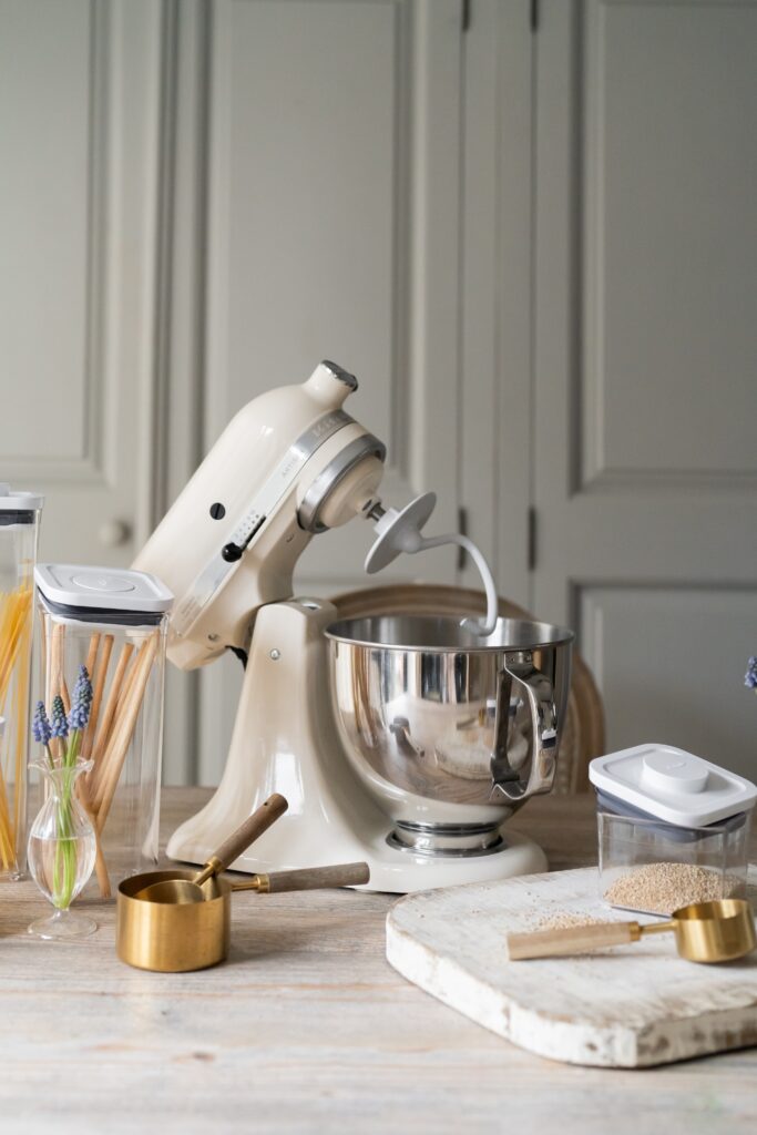 KitchenAid stand mixer with chopping board and ingredients