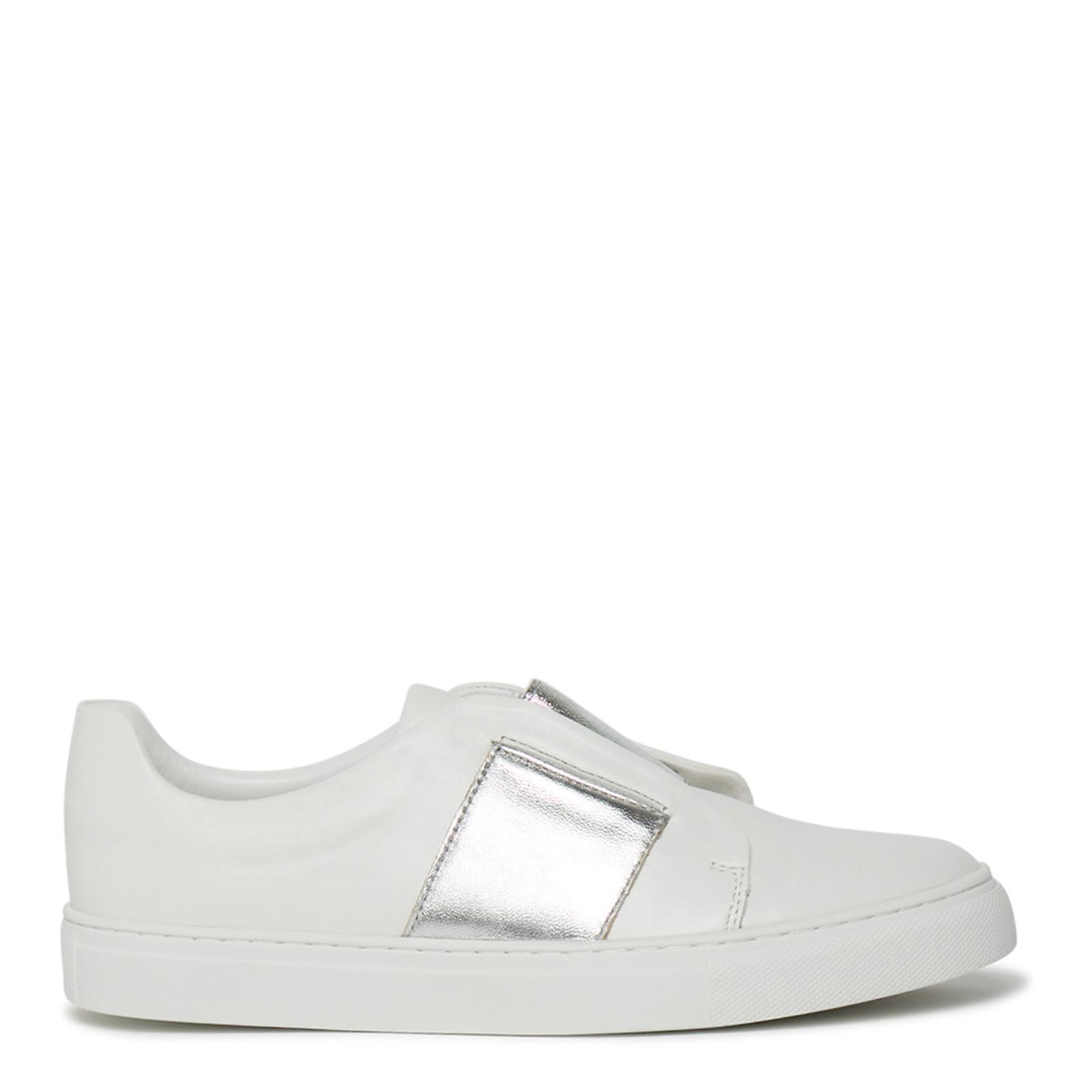 White/Silver Elastic Leather Sneakers - BrandAlley