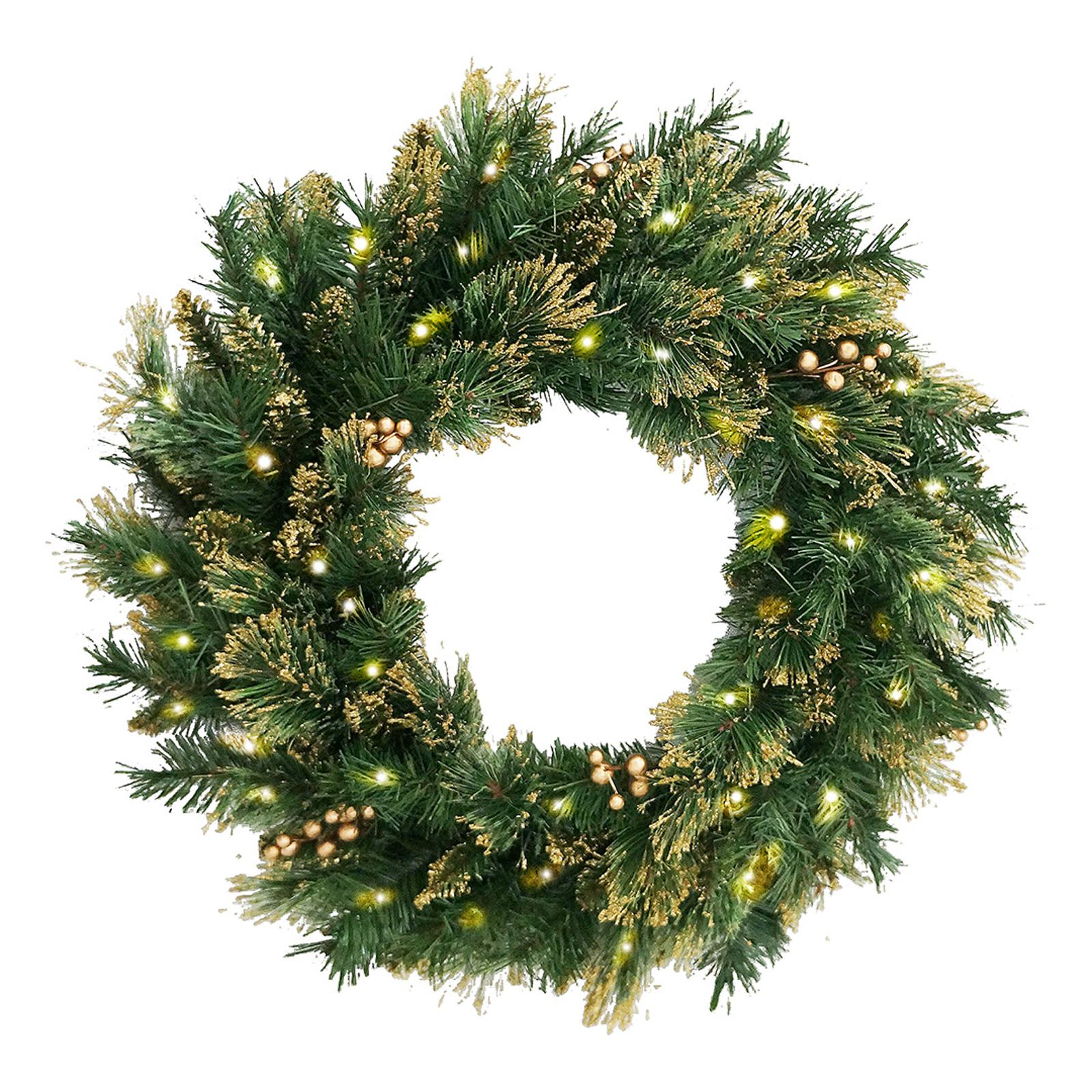 Pre-Lit Wreath with Gold Berries - BrandAlley