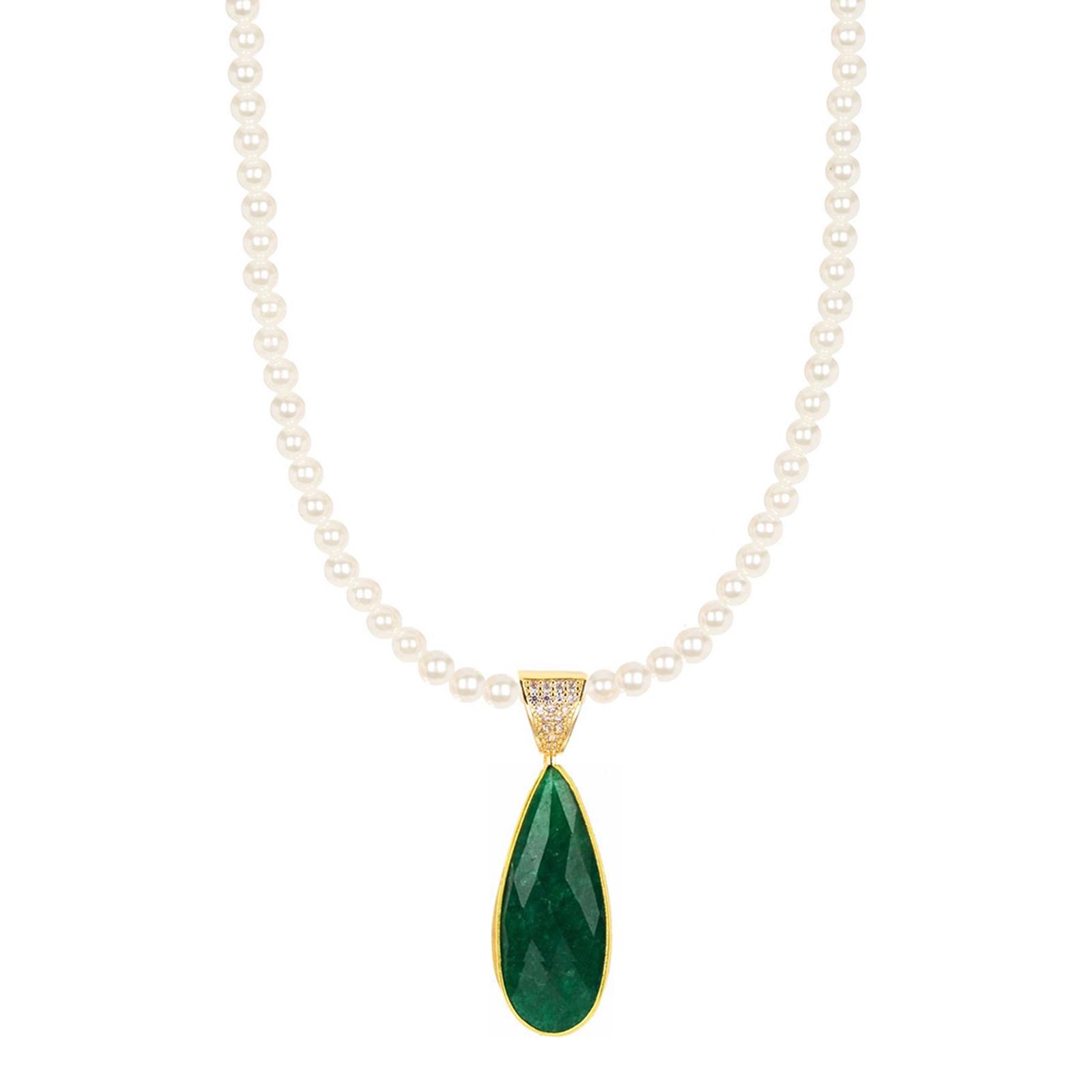 18K Gold Cz & Emerald Tear Drop Pearl Necklace - BrandAlley