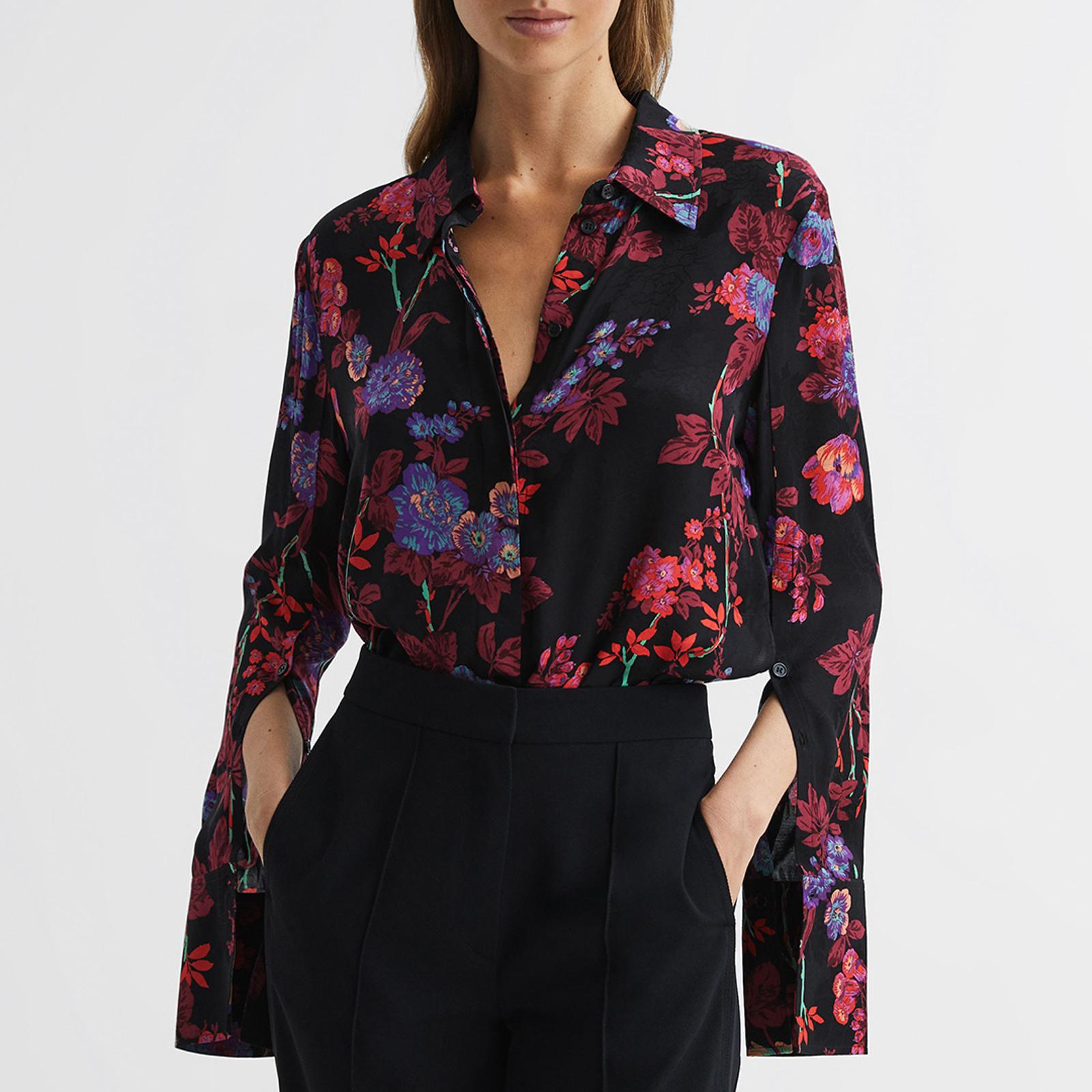 Black/Pink Polly Textured Floral Shirt - BrandAlley