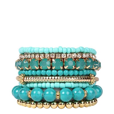 18k Gold Multi Turquoise bead & Crystal Bracelet Set