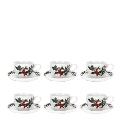 Set of 6 The Holly & The Ivy Tea Cup & Saucer