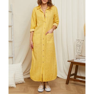 Yellow Button Through Linen Maxi Shirt Dress