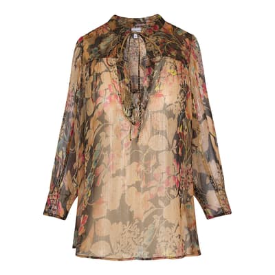 Black Floral Print Metallic Blouse