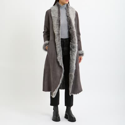 Grey Longline 3/4 Shearling Coat