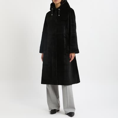 Black Shearling Reversible Hooded Coat