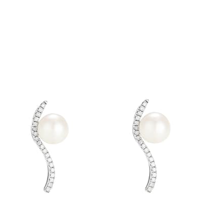 Silver Curved Embellished And Pearl Earring