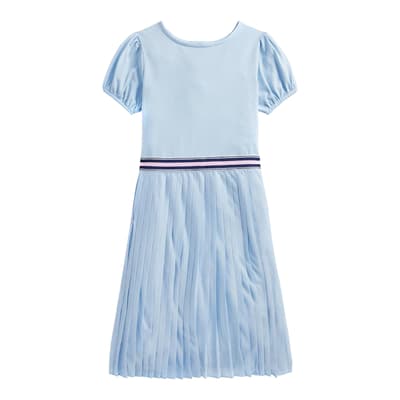 Older Girl's Blue Pleated Cotton Blend Dress