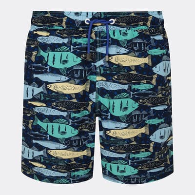Navy Fish Print Swim Shorts