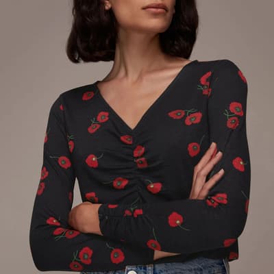 Black Poppy Print Ruched Top