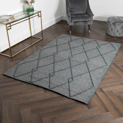 Diamond Pattern Large Wool Rug 120x180cm, Grey