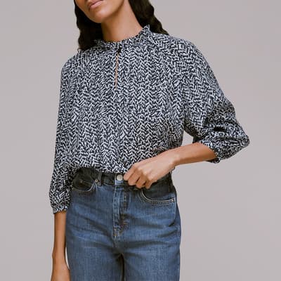 Blue Printed High Neck Blouse