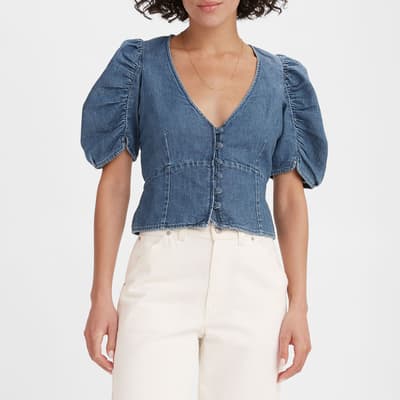 Blue Denim Puff Sleeve Blouse