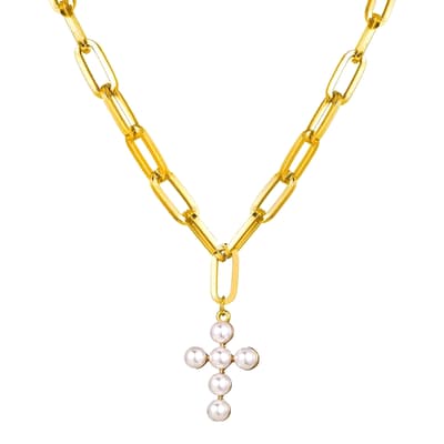 18K Gold Chain Link & Pearl Cross Necklace