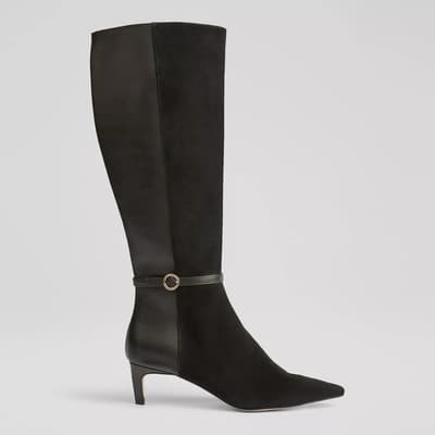 Black  Darla Suede and Leather Round Buckle Knee High Boots