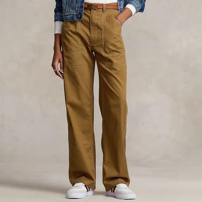 Camel Wide Leg Cotton Cargo Trousers