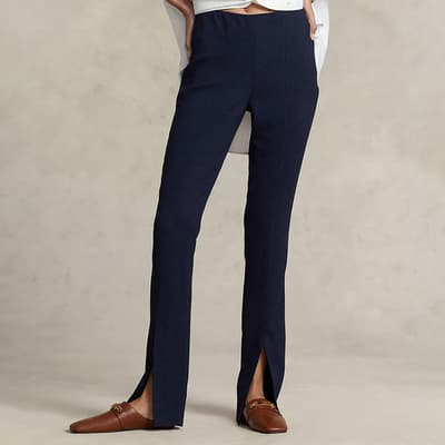 Navy Split Hem Wool Blend Trousers