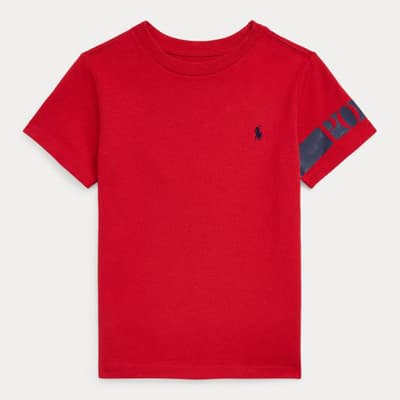 Younger Boy's Red Branded Arm Logo Cotton T-Shirt