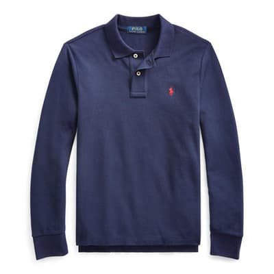 Older Boy's Navy Slim Long Sleeve Cotton Polo Shirt