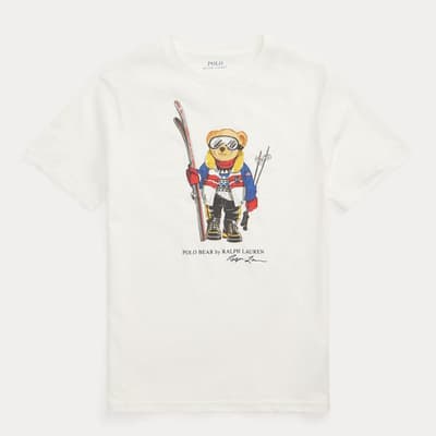 Older Boy's White Teddy Bear Graphic Cotton T-Shirt