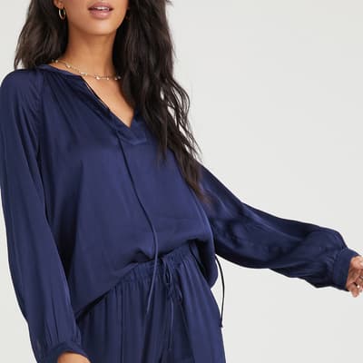 Blue Long Sleeve Tie Neck Blouse