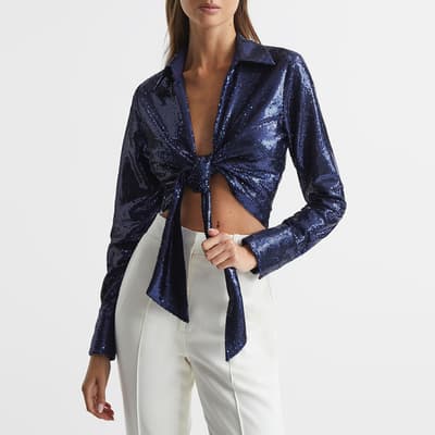 Dark Blue Hannah Tie Front Sequin Top