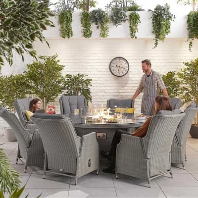 Carolina 8 Seat Dining Set with Fire Pit 1.8m Round Table, White Wash