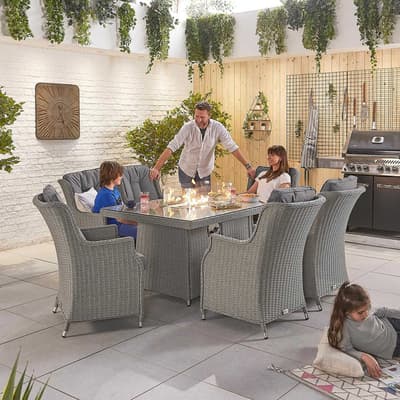 Thalia 6 Seat Dining Set with Fire Pit 1.5m x 1m Rectangular Table, White Wash
