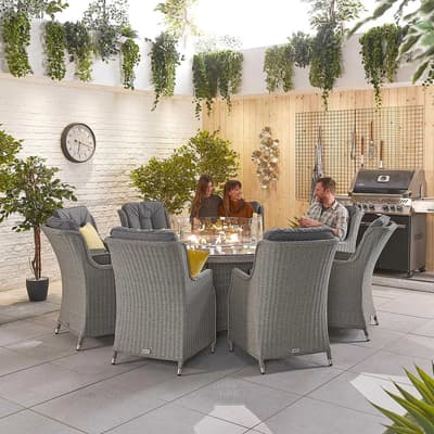 Thalia 8 Seat Dining Set with Fire Pit 1.8m Round Table, White Wash