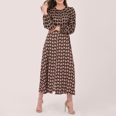 Pink Heart Print Gathered Neck A-Line Dress