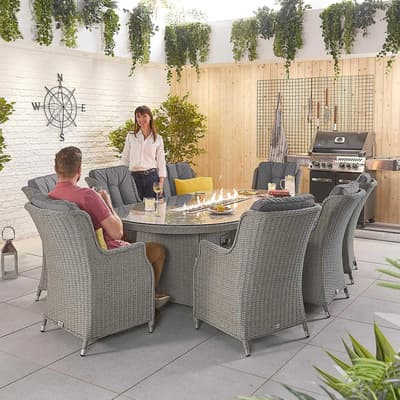 Thalia 8 Seat Dining Set with Fire Pit - 2.3m x 1.2m Oval Table, White Wash