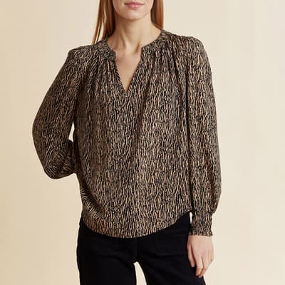 Black/Brown Textured Animal Shirred Blouse