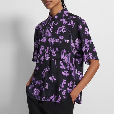 Black Floral Print Boxy Silk Shirt