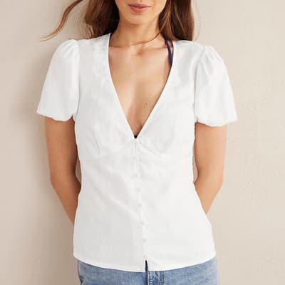 White Fitted Linen V-Neck Top