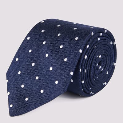 Navy Herringbone Polka Dot Silk Tie