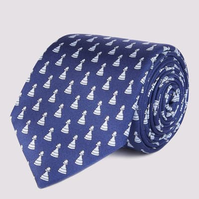 Dark Blue Chess Piece Print Silk Tie