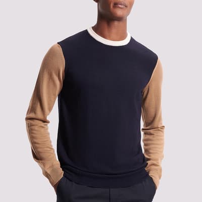 Navy Colour Block Merino Wool Jumper