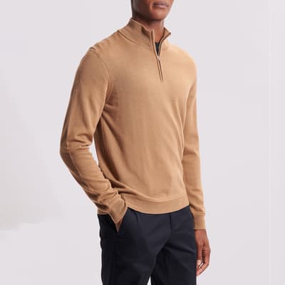 Camel Half Zip Merino Wool Jumper