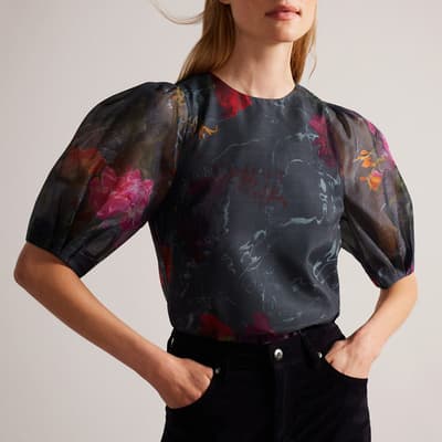 Black Ayymee Puff Sleeve Floral Top