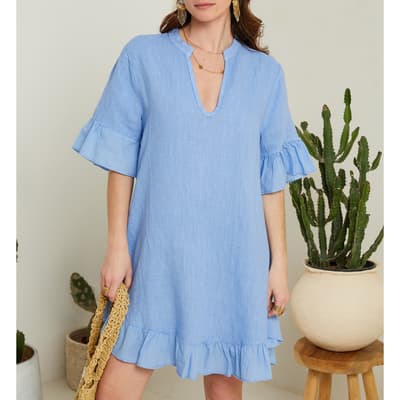 Blue Notch Collar Linen Mini Dress