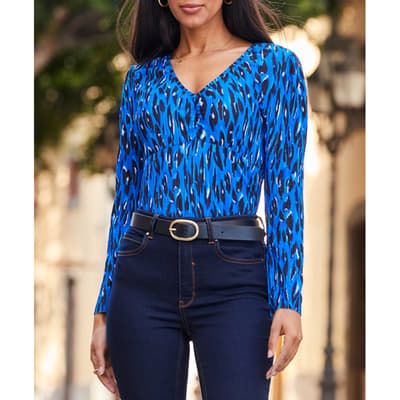 Blue & Black Leopard Print Twist Front Fitted Top