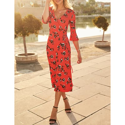 Red & Black Floral Print Jersey Midi Dress