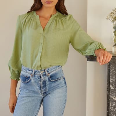 Green Jacquard Open Neck Blouse